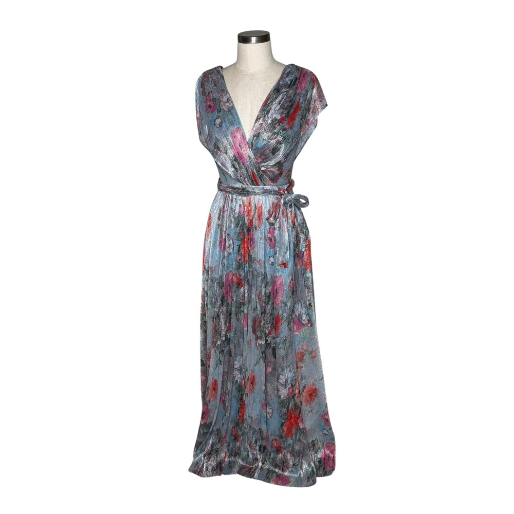 ELIZA J Metallic Floral Gown Maxi Dress Blue Pink Women's Size 4 Sparkly